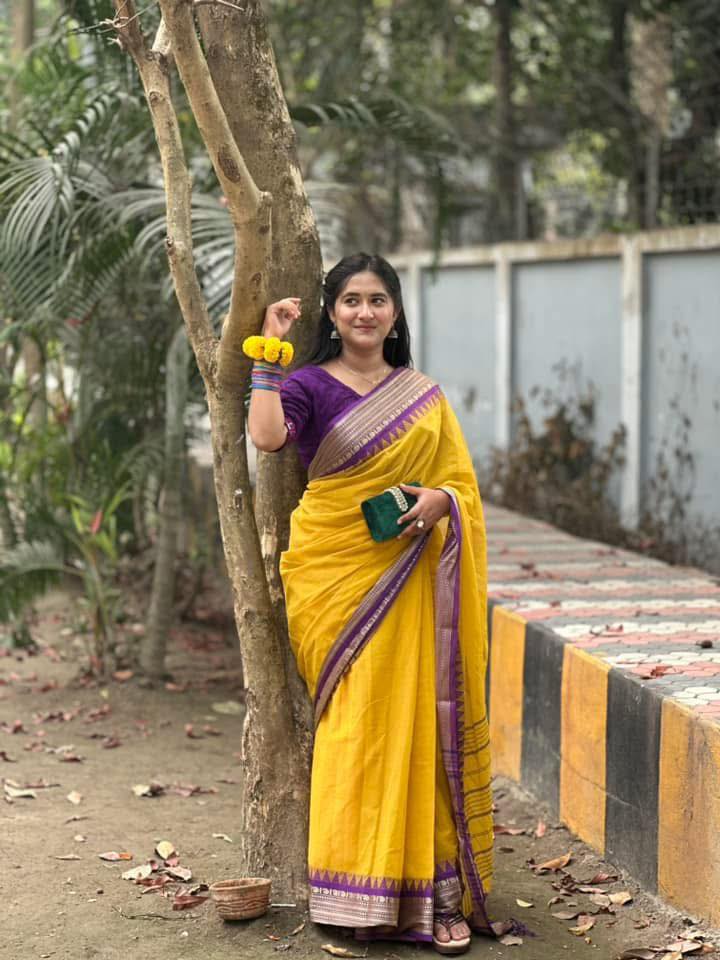 Yellow Cotton Saree - 5