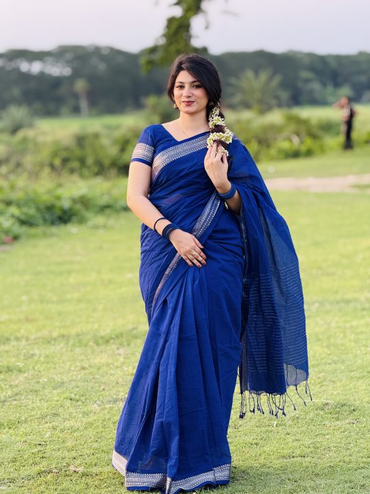 Navy Blue Cotton Saree - 5