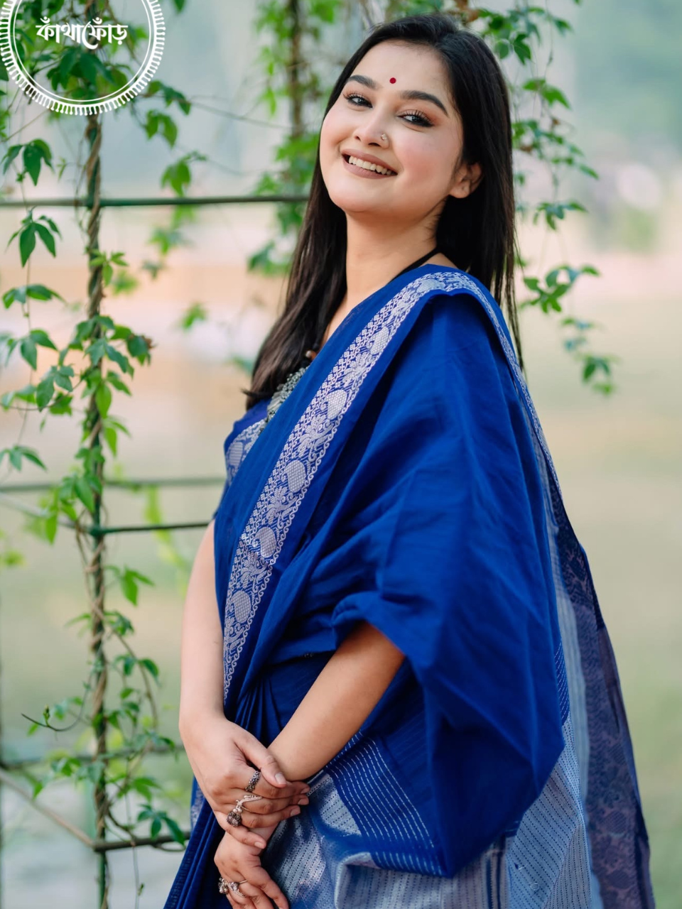 Blue Katha Stitch cotton Saree